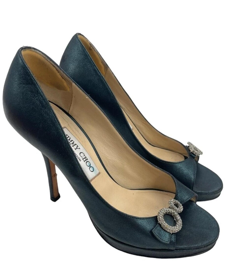 Jimmy Choo Shoes Womens 7.5 Green Peep Toe Rhinestone Ring Pumps Made Italy